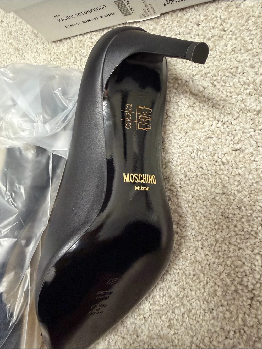 Moschino Black Pointed Toe Pumps with Gold M Emblem